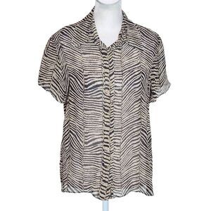 New York City Design Co Tan and Black Zebra Silk Button Down Blouse Size Medium
